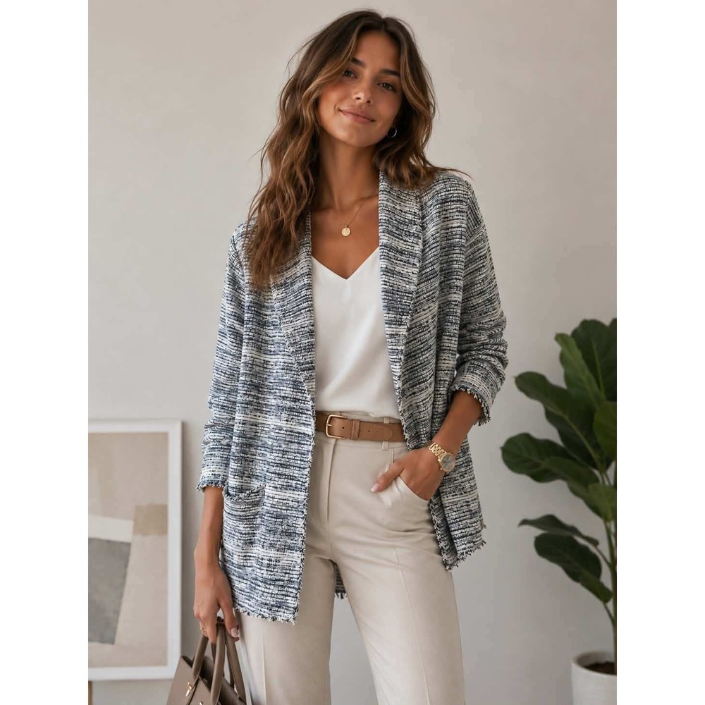 Max Studio Navy Cream Tweed Open Front Blazer Jacket Raw Edge Pockets